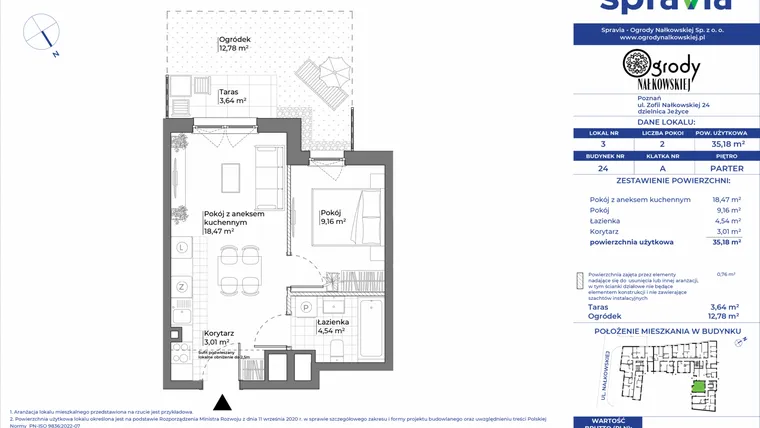 Rzut - Mieszkanie na sprzedaż 2 pokoje o powierzchni 35,18 m² - numer 24/3 w Ogrody Nałkowskiej