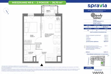 Rzut - Mieszkanie na sprzedaż 2 pokoje o powierzchni 36,7 m² - numer 24/6 w Ogrody Nałkowskiej