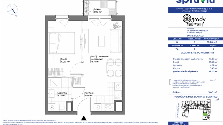 Rzut - Mieszkanie na sprzedaż 2 pokoje o powierzchni 36,7 m² - numer 24/6 w Ogrody Nałkowskiej