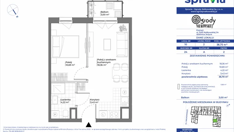 Rzut - Mieszkanie na sprzedaż 2 pokoje o powierzchni 36,7 m² - numer 24/10 w Ogrody Nałkowskiej