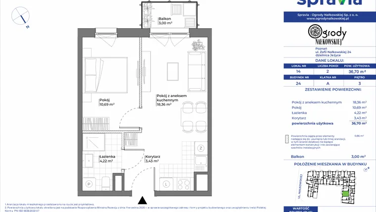 Rzut - Mieszkanie na sprzedaż 2 pokoje o powierzchni 36,7 m² - numer 24/14 w Ogrody Nałkowskiej