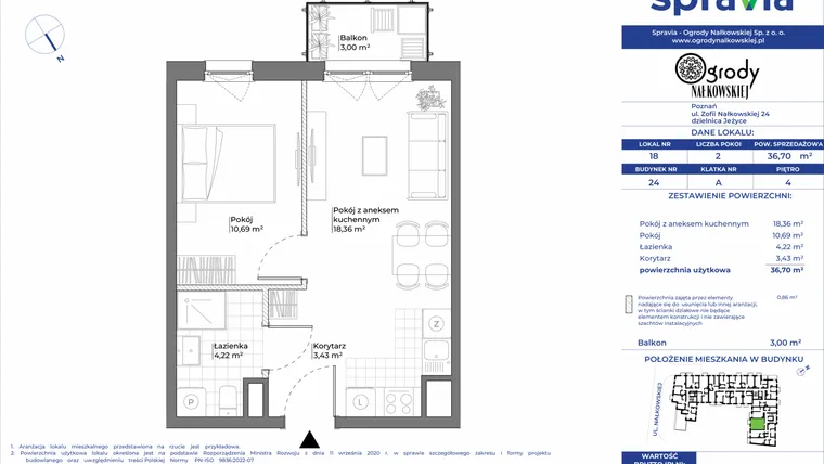 Rzut - Mieszkanie na sprzedaż 2 pokoje o powierzchni 36,7 m² - numer 24/18 w Ogrody Nałkowskiej