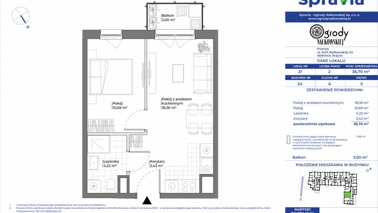 Rzut - Mieszkanie na sprzedaż 2 pokoje o powierzchni 36,7 m² - numer 24/21 w Ogrody Nałkowskiej