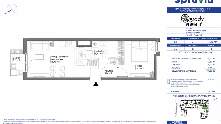 Rzut - Mieszkanie na sprzedaż 2 pokoje o powierzchni 41,29 m² - numer 24/33 w Ogrody Nałkowskiej