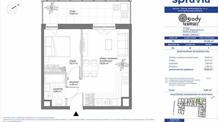 Rzut - Mieszkanie na sprzedaż 2 pokoje o powierzchni 37,65 m² - numer 24/36 w Ogrody Nałkowskiej