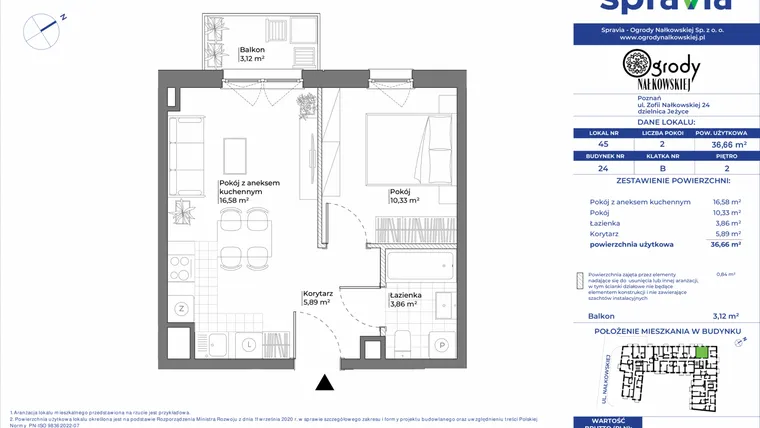Rzut - Mieszkanie na sprzedaż 2 pokoje o powierzchni 36,66 m² - numer 24/45 w Ogrody Nałkowskiej