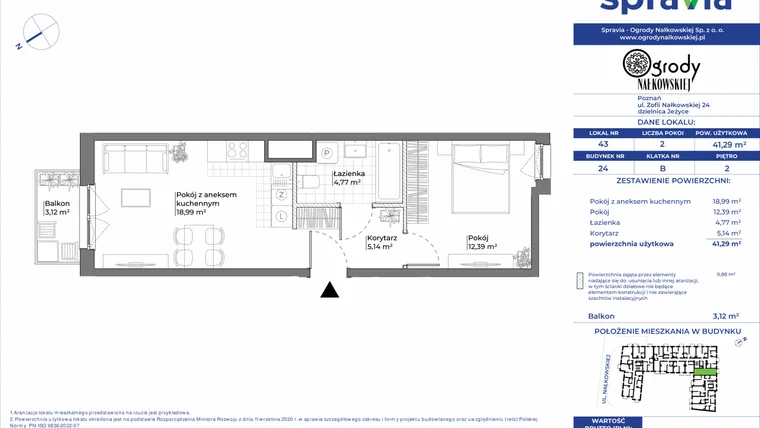 Rzut - Mieszkanie na sprzedaż 2 pokoje o powierzchni 41,29 m² - numer 24/43 w Ogrody Nałkowskiej
