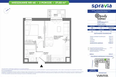 Rzut - Mieszkanie na sprzedaż 2 pokoje o powierzchni 37,65 m² - numer 24/46 w Ogrody Nałkowskiej