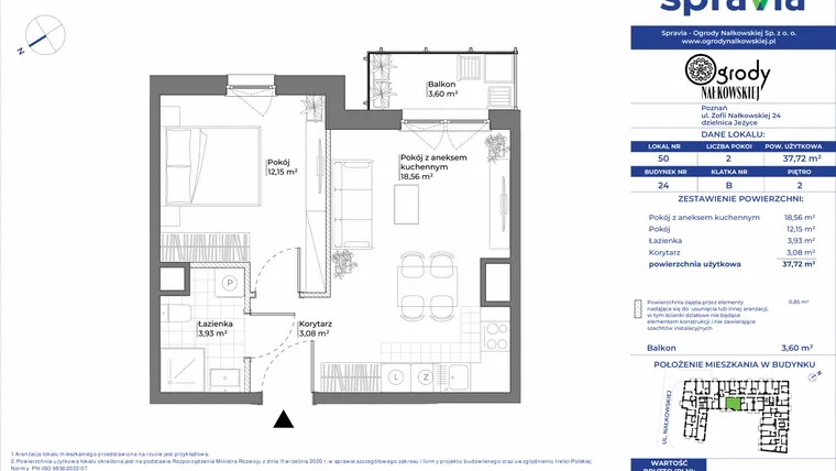 Rzut - Mieszkanie na sprzedaż 2 pokoje o powierzchni 37,72 m² - numer 24/50 w Ogrody Nałkowskiej