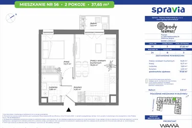 Rzut - Mieszkanie na sprzedaż 2 pokoje o powierzchni 37,65 m² - numer 24/56 w Ogrody Nałkowskiej