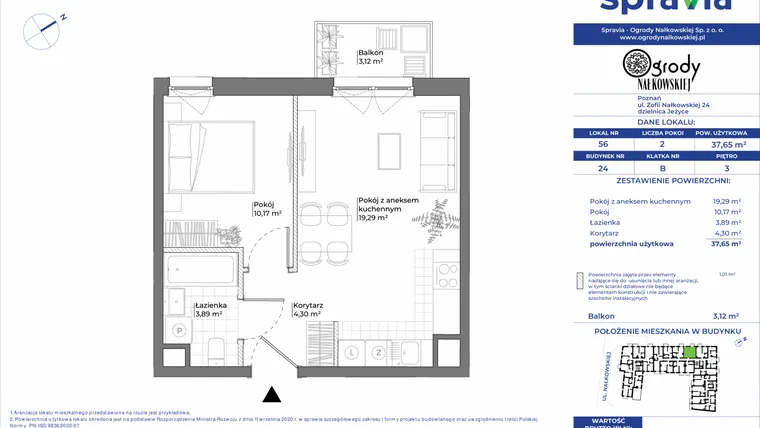 Rzut - Mieszkanie na sprzedaż 2 pokoje o powierzchni 37,65 m² - numer 24/56 w Ogrody Nałkowskiej