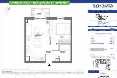 Rzut - Mieszkanie na sprzedaż 2 pokoje o powierzchni 36,66 m² - numer 24/55 w Ogrody Nałkowskiej
