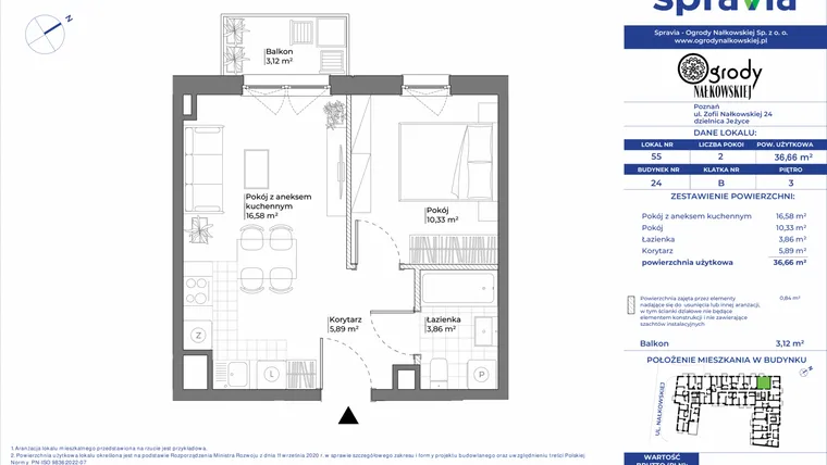 Rzut - Mieszkanie na sprzedaż 2 pokoje o powierzchni 36,66 m² - numer 24/55 w Ogrody Nałkowskiej