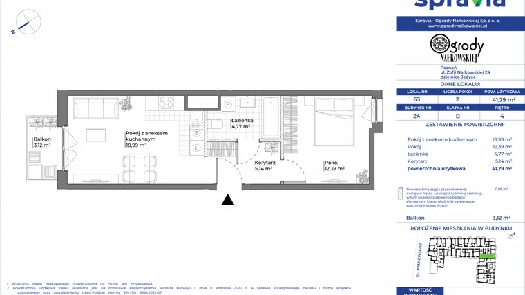 Rzut - Mieszkanie na sprzedaż 2 pokoje o powierzchni 41,29 m² - numer 24/63 w Ogrody Nałkowskiej