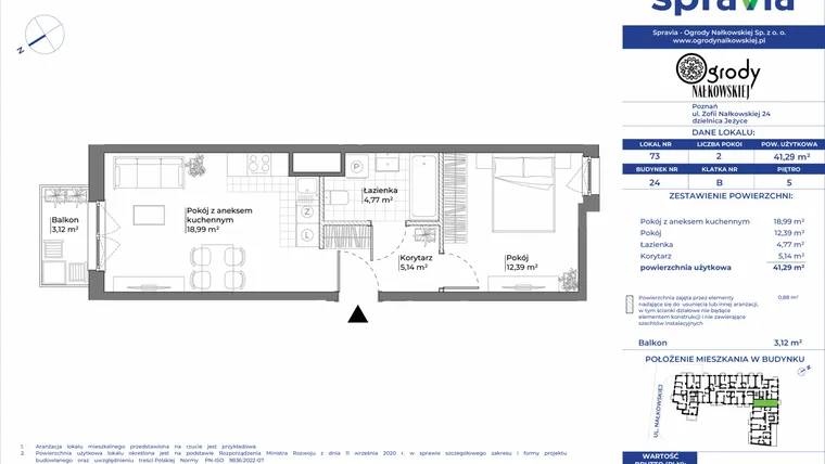 Rzut - Mieszkanie na sprzedaż 2 pokoje o powierzchni 41,29 m² - numer 24/73 w Ogrody Nałkowskiej