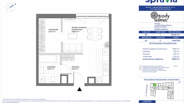 Rzut - Mieszkanie na sprzedaż 1 pokój o powierzchni 36,9 m² - numer 24/93 w Ogrody Nałkowskiej