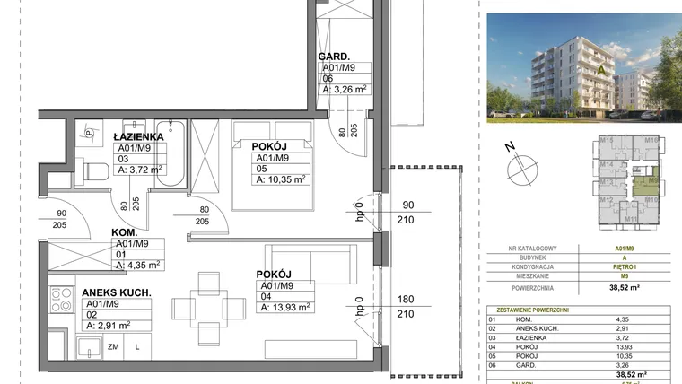 Rzut - Mieszkanie na sprzedaż 2 pokoje o powierzchni 38,52 m² - numer A00_M9 w Wierzbowy Park