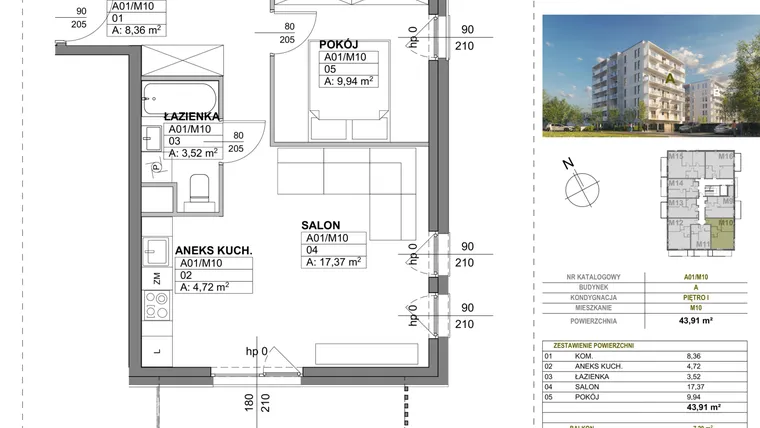 Rzut - Mieszkanie na sprzedaż 2 pokoje o powierzchni 43,91 m² - numer A00_M10 w Wierzbowy Park