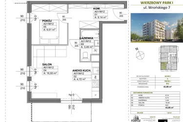 Rzut - Mieszkanie na sprzedaż 2 pokoje o powierzchni 43,89 m² - numer A00_M12 w Wierzbowy Park