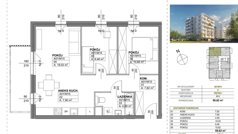 Rzut - Mieszkanie na sprzedaż 3 pokoje o powierzchni 59,62 m² - numer A00_M15 w Wierzbowy Park