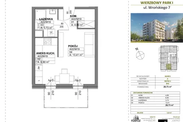 Rzut - Mieszkanie na sprzedaż 1 pokój o powierzchni 28,73 m² - numer A00_M19 w Wierzbowy Park