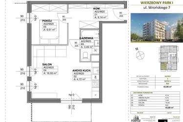 Rzut - Mieszkanie na sprzedaż 2 pokoje o powierzchni 43,89 m² - numer A00_M20 w Wierzbowy Park