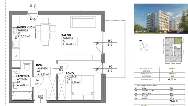 Rzut - Mieszkanie na sprzedaż 2 pokoje o powierzchni 46,03 m² - numer A00_M24 w Wierzbowy Park