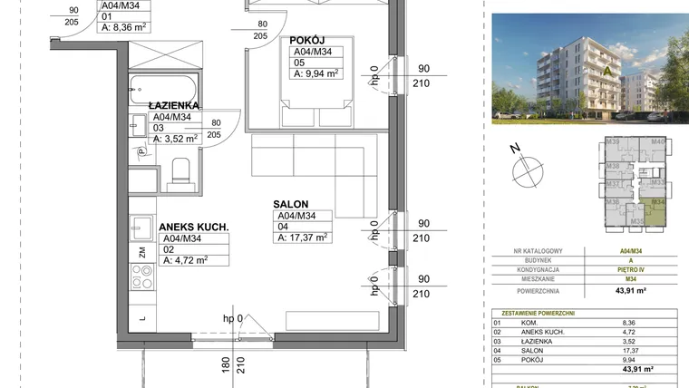 Rzut - Mieszkanie na sprzedaż 2 pokoje o powierzchni 43,91 m² - numer A00_M34 w Wierzbowy Park