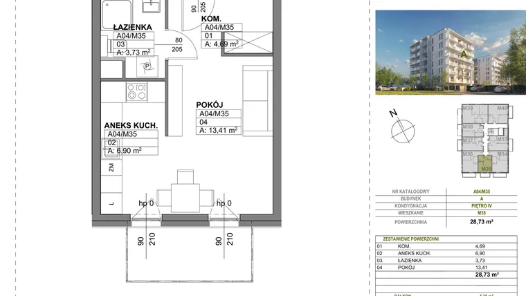 Rzut - Mieszkanie na sprzedaż 1 pokój o powierzchni 28,73 m² - numer A00_M35 w Wierzbowy Park