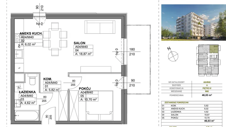 Rzut - Mieszkanie na sprzedaż 2 pokoje o powierzchni 46,03 m² - numer A00_M40 w Wierzbowy Park