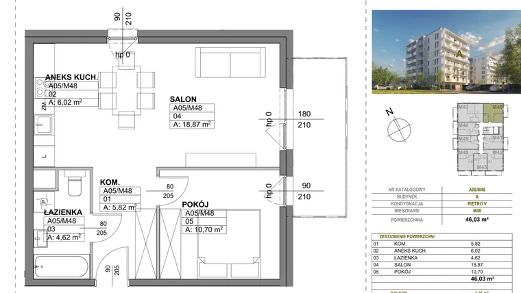 Rzut - Mieszkanie na sprzedaż 2 pokoje o powierzchni 46,03 m² - numer A00_M48 w Wierzbowy Park