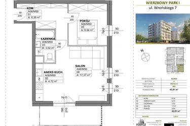 Rzut - Mieszkanie na sprzedaż 2 pokoje o powierzchni 43,91 m² - numer A00_M50 w Wierzbowy Park
