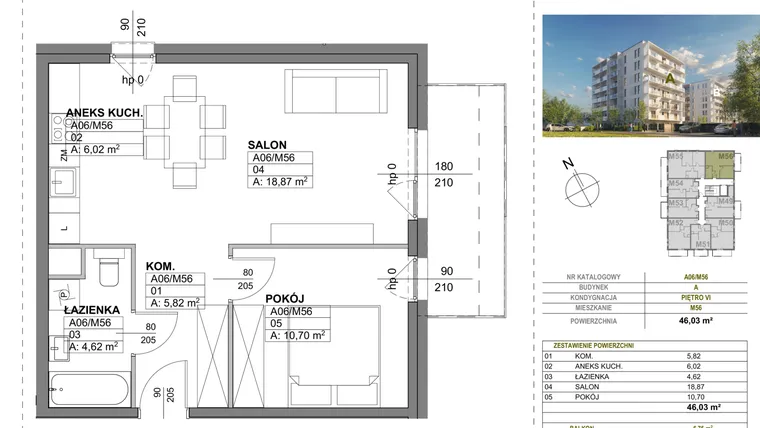 Rzut - Mieszkanie na sprzedaż 2 pokoje o powierzchni 46,03 m² - numer A00_M56 w Wierzbowy Park