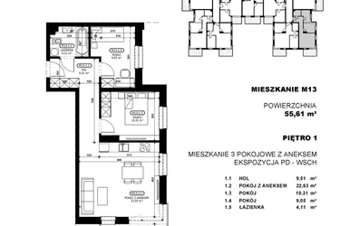 Rzut - Mieszkanie na sprzedaż 3 pokoje o powierzchni 55,61 m² - numer C2-M13 w Stacja Łódź V – etap C2