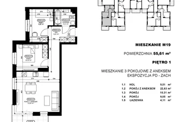 Rzut - Mieszkanie na sprzedaż 3 pokoje o powierzchni 55,61 m² - numer C2-M19 w Stacja Łódź V – etap C2