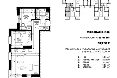 Rzut - Mieszkanie na sprzedaż 3 pokoje o powierzchni 55,45 m² - numer C2-M30 w Stacja Łódź V – etap C2