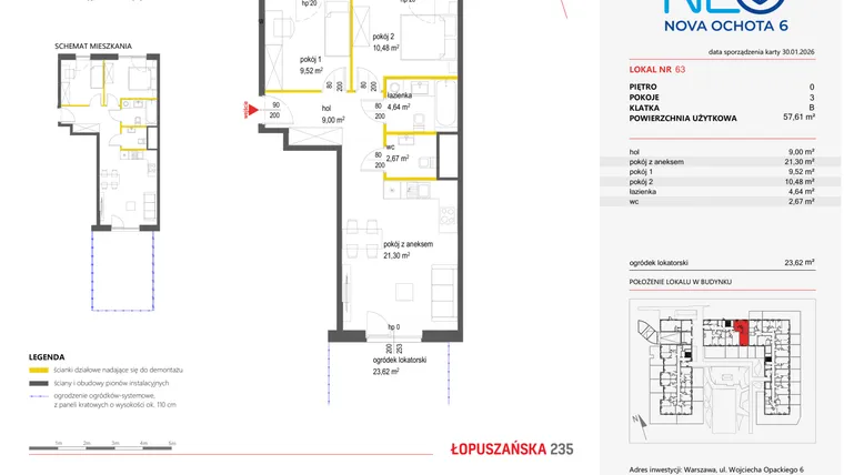 Rzut - Mieszkanie na sprzedaż 3 pokoje o powierzchni 57,61 m² - numer 63 w Neo Nova Ochota 6