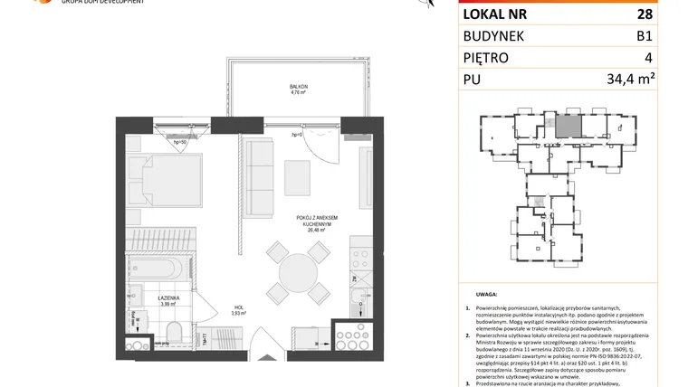 Rzut - Mieszkanie na sprzedaż 1 pokój o powierzchni 34,4 m² - numer 28 w Locus 2