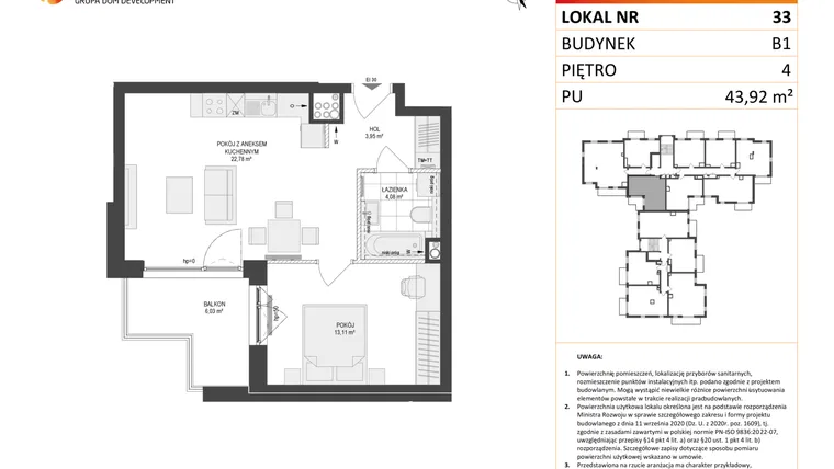 Rzut - Mieszkanie na sprzedaż 2 pokoje o powierzchni 43,92 m² - numer 33 w Locus 2