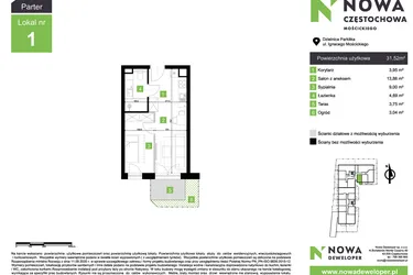 Rzut - Mieszkanie na sprzedaż 2 pokoje o powierzchni 31,52 m² - numer M1 w Nowa Częstochowa Mościckiego