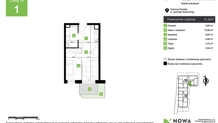Rzut - Mieszkanie na sprzedaż 2 pokoje o powierzchni 31,52 m² - numer M1 w Nowa Częstochowa Mościckiego