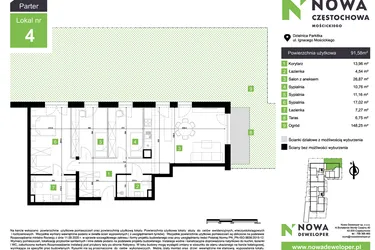 Rzut - Mieszkanie na sprzedaż 4 pokoje o powierzchni 91,58 m² - numer M4 w Nowa Częstochowa Mościckiego