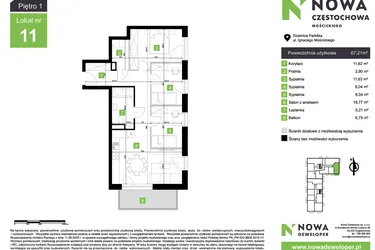 Rzut - Mieszkanie na sprzedaż 4 pokoje o powierzchni 67,21 m² - numer M11 w Nowa Częstochowa Mościckiego