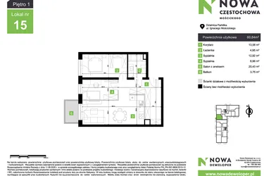 Rzut - Mieszkanie na sprzedaż 3 pokoje o powierzchni 60,84 m² - numer M15 w Nowa Częstochowa Mościckiego