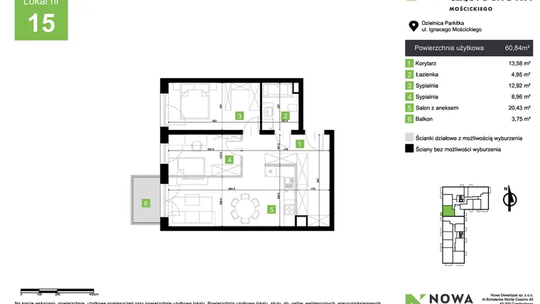 Rzut - Mieszkanie na sprzedaż 3 pokoje o powierzchni 60,84 m² - numer M15 w Nowa Częstochowa Mościckiego