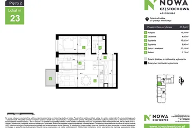 Rzut - Mieszkanie na sprzedaż 3 pokoje o powierzchni 60,84 m² - numer M23 w Nowa Częstochowa Mościckiego