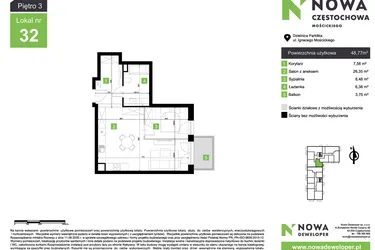 Rzut - Mieszkanie na sprzedaż 2 pokoje o powierzchni 48,77 m² - numer M32 w Nowa Częstochowa Mościckiego