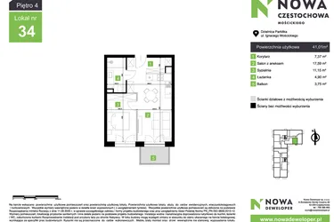 Rzut - Mieszkanie na sprzedaż 2 pokoje o powierzchni 41,01 m² - numer M34 w Nowa Częstochowa Mościckiego