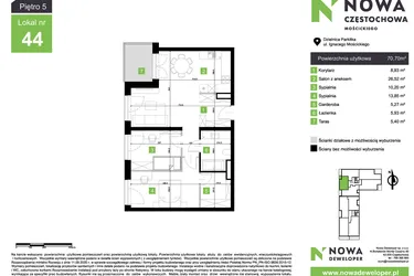 Rzut - Mieszkanie na sprzedaż 3 pokoje o powierzchni 70,7 m² - numer M44 w Nowa Częstochowa Mościckiego
