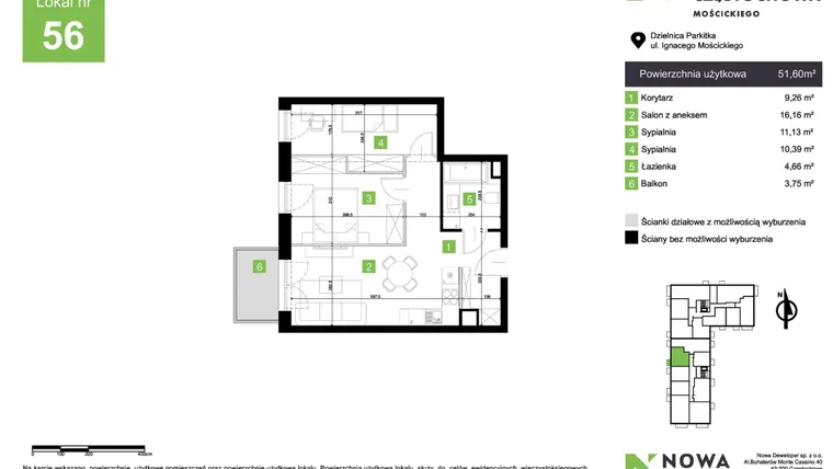 Rzut - Mieszkanie na sprzedaż 3 pokoje o powierzchni 51,6 m² - numer M56 w Nowa Częstochowa Mościckiego